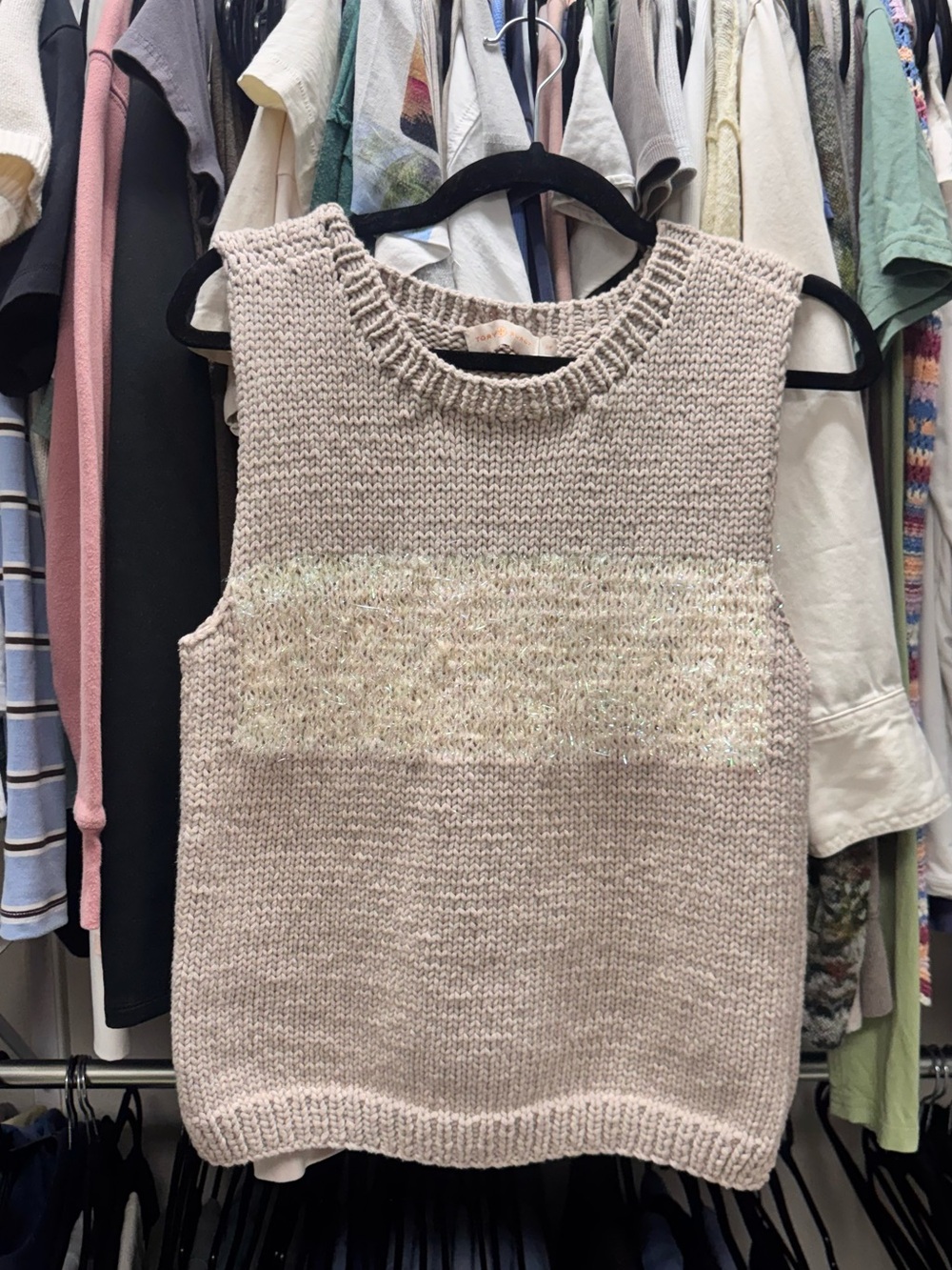 Tory Burch Knit Sleeveless Sweater Vest in Light Beige with Sparkle Panel
